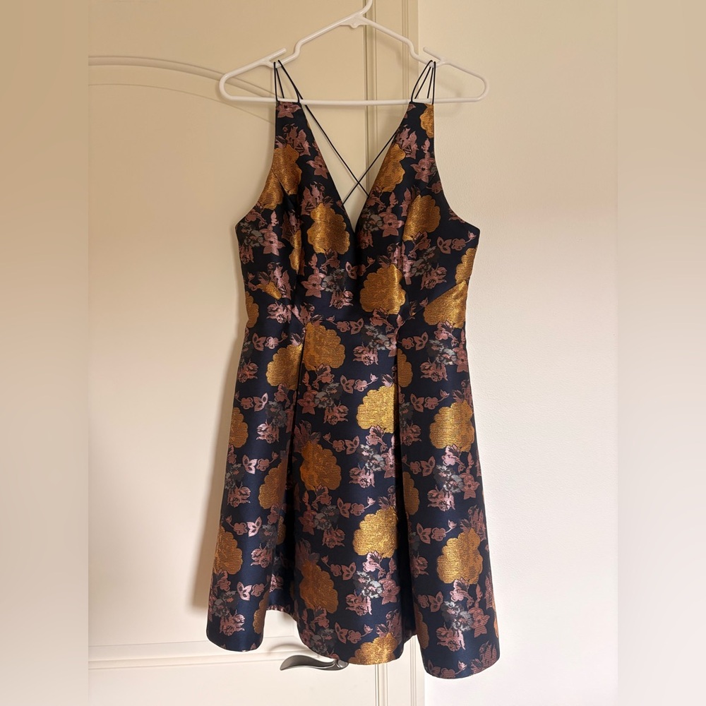 Topshop Black Mini Dress with Gold and Blush Floral Jacquard